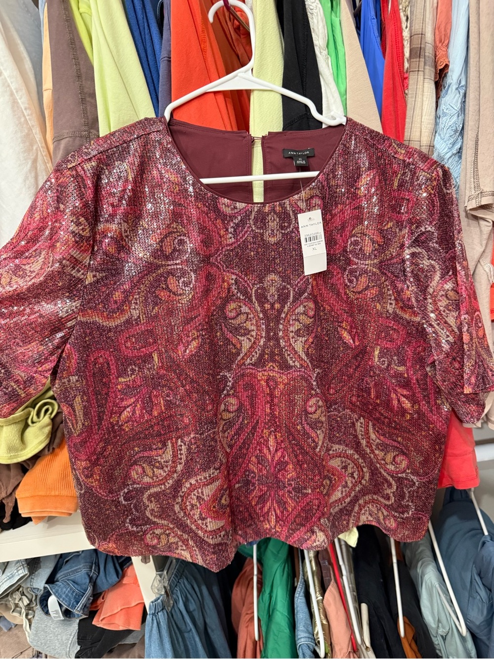 Ann Taylor Burgundy Paisley Metallic Short-Sleeve Tunic